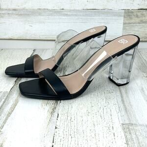 BP Womens 10 Naomi Black Faux Leather Clear Block Heel Slip-On Sandals NEW